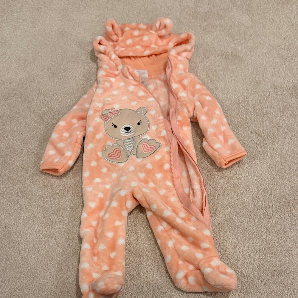 Plush Peach Heart-Print Hooded One-Piece Footie with Bear Appliqué